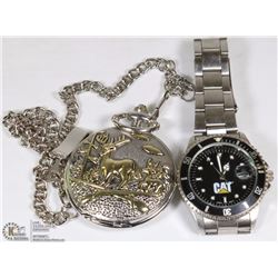 LOT WITH DEER POCKET WATCH & CATERPILLAR WATCH