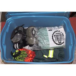 BOX WITH 4 NEW COVERALLS, 2 HARD HATS, EAR MUFFS