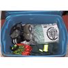 Image 1 : BOX WITH 4 NEW COVERALLS, 2 HARD HATS, EAR MUFFS