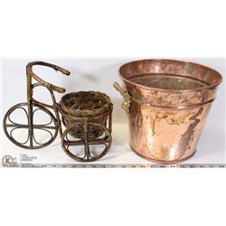 COPPER PAIL PLANTER W/ BICYCLE WICKER PLANTER