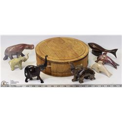 ROUND WOOD BOX W/ ASSORTED ANIMAL ORNAMENTS SOME