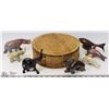 Image 1 : ROUND WOOD BOX W/ ASSORTED ANIMAL ORNAMENTS SOME