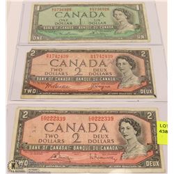 LOT OF 3 CANADIAN  BILLS, TWO $2 BILLS & ONE $1