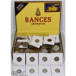 CIGAR BOX OF VARIOUS WORLD MONEY, CANADIAN, US,