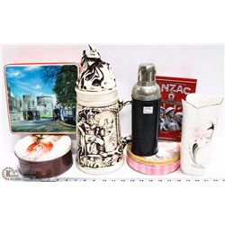 FLAT OF VINTAGE  AND COLLECTIBLES INCL THERMOS,