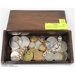 CARVED WOOD BOX WITH COINS, MILITARY BUTTONS