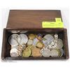 Image 1 : CARVED WOOD BOX WITH COINS, MILITARY BUTTONS