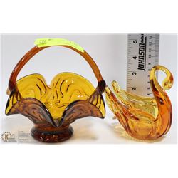 AMBER GLASS BASKET AND SWAN ORNAMENTS