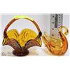 Image 1 : AMBER GLASS BASKET AND SWAN ORNAMENTS