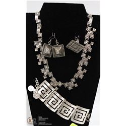4 PC SQUARE DESIGN PEWTER NECKLACE, BRACELET,