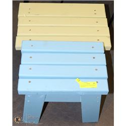 2 WOOD PAINTED STOOLS GREEN AND BLUE