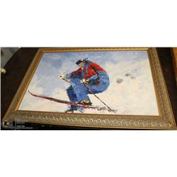GOLD TONE FRAMED SKIER CANVAS PAINTING