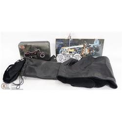 BOX W/HARLEY DAVIDSON ITEMS - METAL BIKE