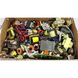 BOX WITH 100+ TRANSFORMERS, COILS, CHOKES, AND
