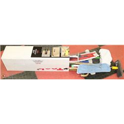 BOX WITH DUSTMOPS, ADJUSTABLE LEAF RAKE, WINDOW