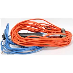 BOX WITH EXTENSION CORDS, WOOD CLAMPS AND MORE