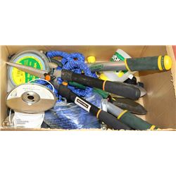 BOX OF YARD TOOLS INCL. FISKARS