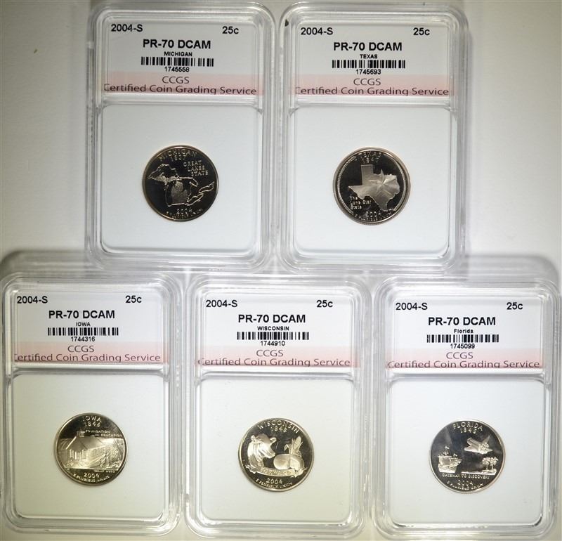 2004-S STATE QUARTER SET (5 COINS) ALL CCGS PERFECT GEM PROOF DEEP CAMEO