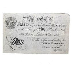 GREAT BRITAIN 1928 5 BANK OF ENGLAND WHITE NOTE