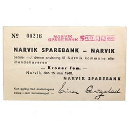 GERMAN OCCUPATION NORWAY 1940 5KR NARVIK SPAREBANK NOTE