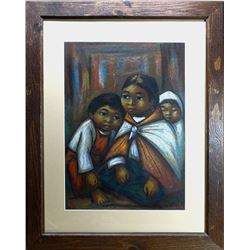 Arturo Nieto, Three Children, Gouache Painting