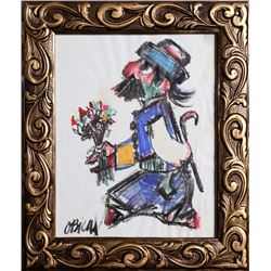 Jovan Obican, Man with Flowers, Charcoal and Watercolor Painting