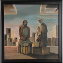 R.J. Soto, Surrealist City Scene, Oil Painting