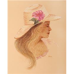 Gloria Trachtenberg, Portrait of Woman in Hat with Hibiscus, Color Pencil Drawing