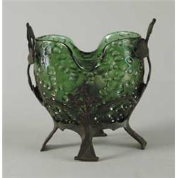 LOETZ TYPE IRIDESCENT VASE IN BRONZE TYPE HOLDER