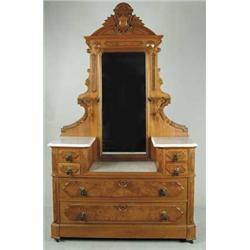 WALNUT VICTORIAN DROP CENTER MARBLE TOP CHEST WITH MIRROR