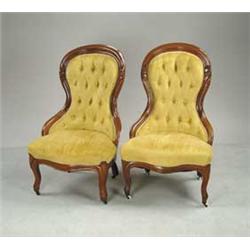 PAIR OF VICTORIAN WALNUT UPHOLSTERED LADY’S CHAIRS