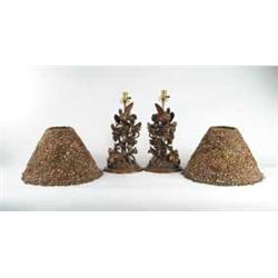 OUTSTANDING PAIR OF CARVED WOOD BLACK FOREST TYPE LAMPS WITH FEATHER SHADES