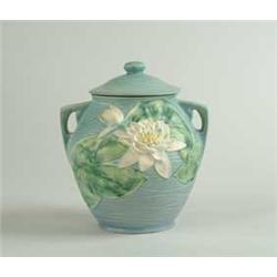 ROSEVILLE:  “WATER LILY” COVERED TWO HANDLED COOKIE JAR
