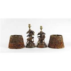 PAIR OF CARVED BLACK FOREST TYPE TABLE LAMPS WITH FEATHER SHADES
