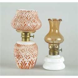 TWO MINIATURE MILK GLASS LAMPS