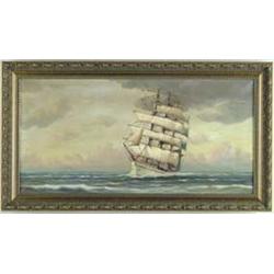 SIGNED (American, 20th Century) TALL SHIP AT SUNRISE