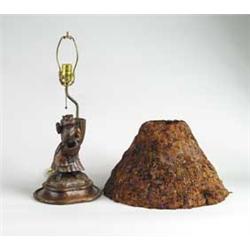 BLACK FOREST TYPE CARVED LAMP WITH FEATHER SHADE