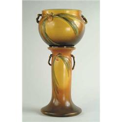 ROSEVILLE POTTERY TWO-PART JARDINIERE ON STAND IN THE PINE CONE PATTERN