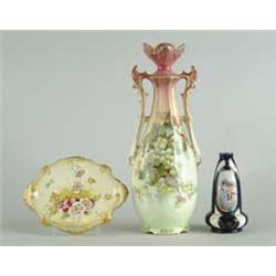 HAND PAINTED PORCELAIN TALL VASE, PORCELAIN TRIVET AND SMALL DECORATED VASE