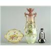 Image 1 : HAND PAINTED PORCELAIN TALL VASE, PORCELAIN TRIVET AND SMALL DECORATED VASE