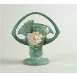 ROSEVILLE:  “PEONY” HANDLED BASKET VASE