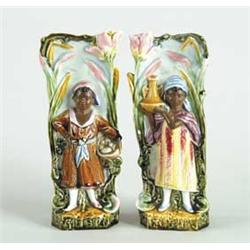 PAIR OF MAJOLICA VASES WITH MOOR BOY AND GIRL