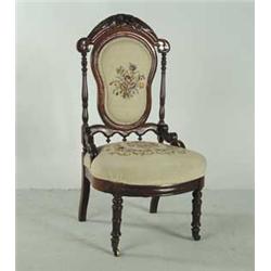 CARVED WALNUT AND UPHOLSTERED SIDE CHAIR