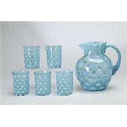 SIX PIECE BLUE OPALESCENT WATER SET
