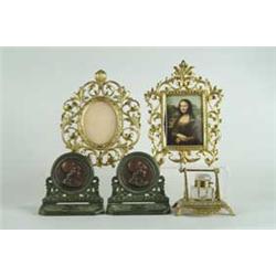 TWO BRASS PICTURE FRAMES, INKWELL AND PAIR OF MINERVA BOOKENDS