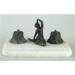 FIGURAL METAL AND MARBLE INKSTAND
