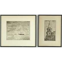 EDWARD S. HEWITT (American, 1877-1962) TWO ETCHINGS… “THREE SCHOONERS” AND CHURCH STEEPLE