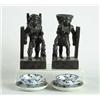 Image 1 : PAIR OF CARVED WOOD FIGURES AND PAIR OF ORIENTAL CUPS AND SAUCERS