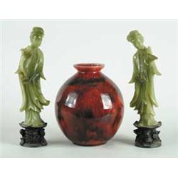 ART POTTERY FLAMBÉ STYLE VASE AND TWO JADE STYLE FIGURINES