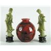 Image 1 : ART POTTERY FLAMBÉ STYLE VASE AND TWO JADE STYLE FIGURINES